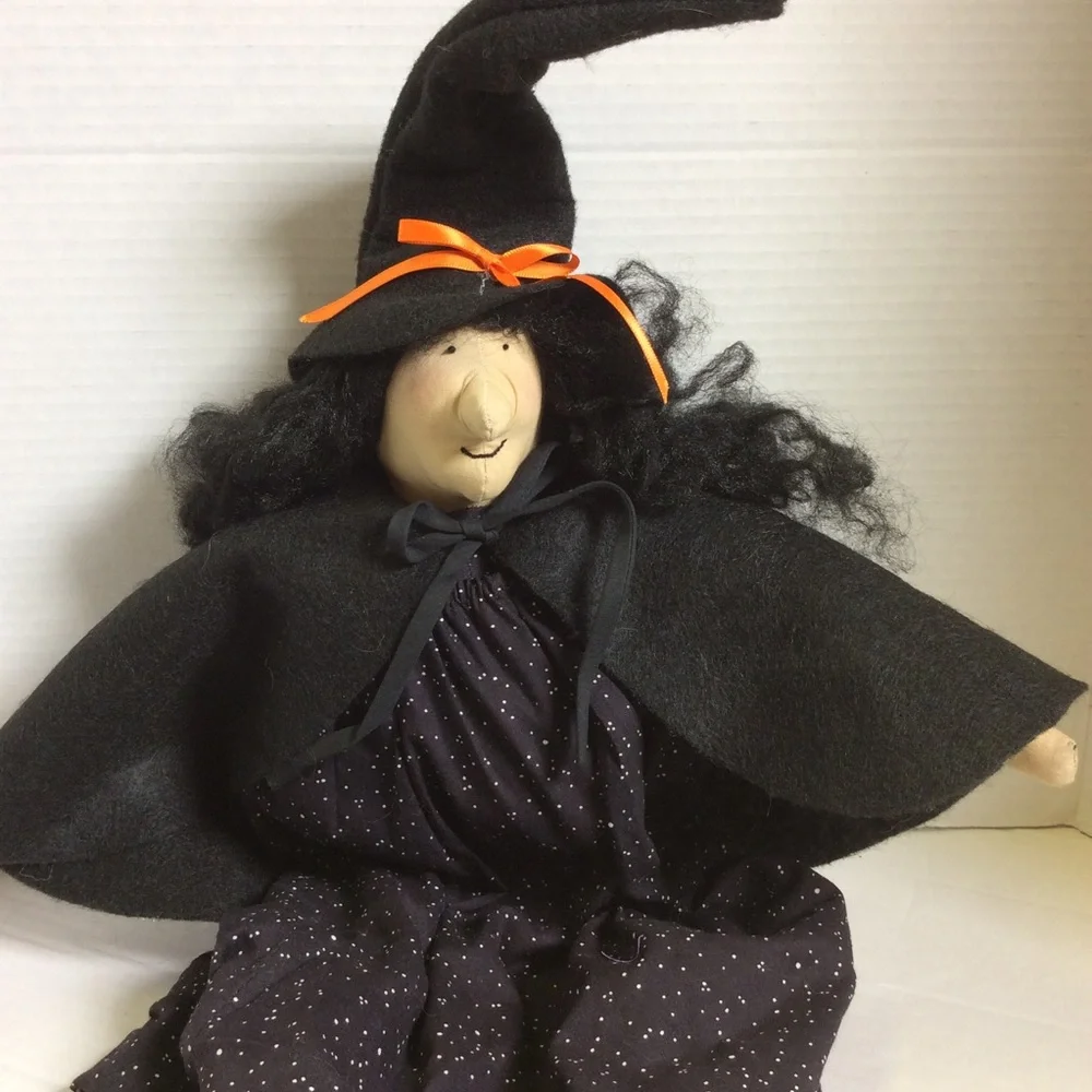 Vintage Witch Halloween BlackDress Cape Hat Shelf sitter